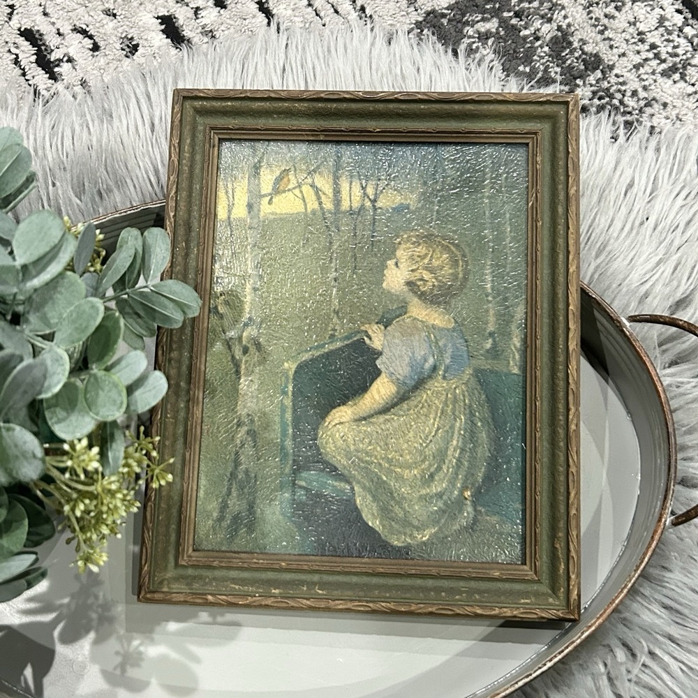 Antique 1920's Lithograph SPRING SONG Blind Girl by Simon Glucklich VINTAGE ART
